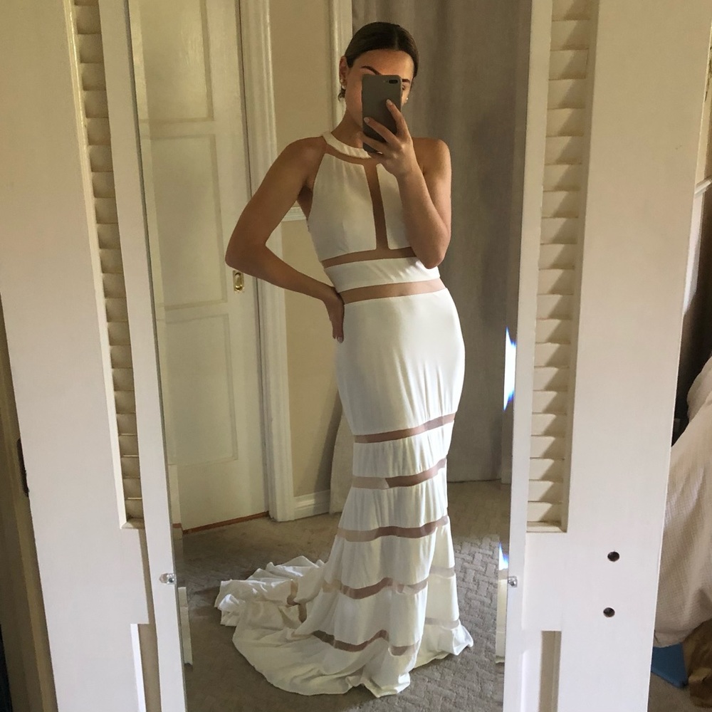 Jovani White Mesh Cutout Gown